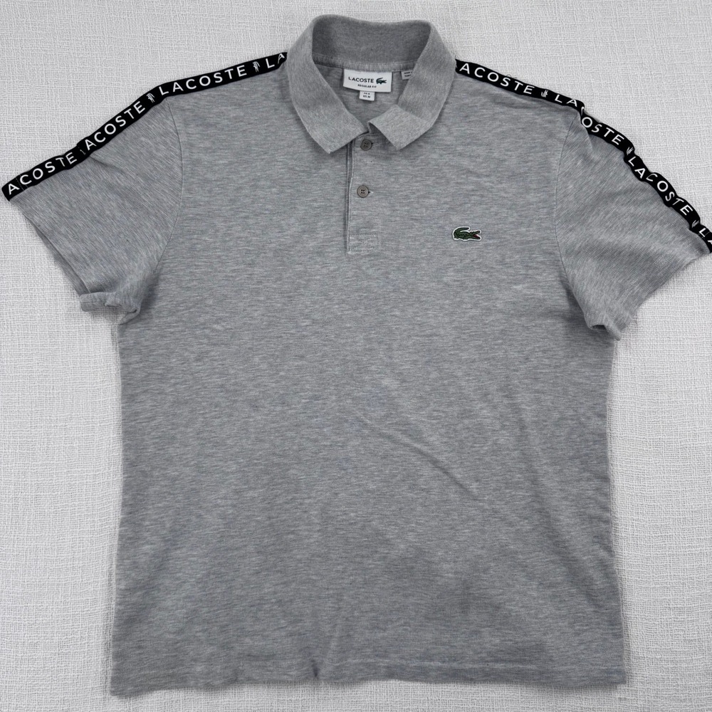 Lacoste Mens Medium Regular Fit Polo Shirt Gray Logo Tape Shoulder Sleeve - Picture 2 of 10